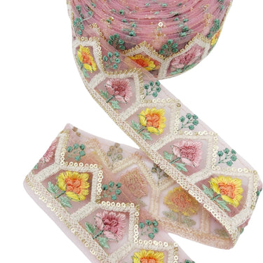 9 Yards Rose Taupe Soft Net Lace Trim Floral Embroidery and Gold Sequins, Floral Sari Border, Decorative Trim